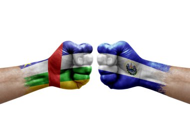 Two hands punch to each others on white background. Country flags painted fists, conflict crisis concept between central african republic and el salvador