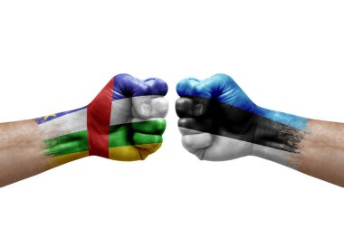 Two hands punch to each others on white background. Country flags painted fists, conflict crisis concept between central african republic and estonia