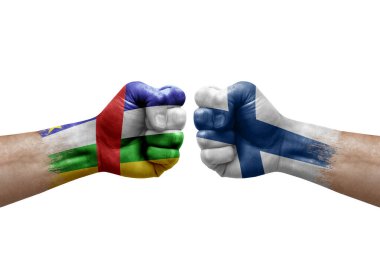 Two hands punch to each others on white background. Country flags painted fists, conflict crisis concept between central african republic and finland