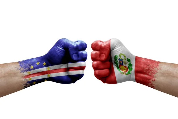 Two Hands Punch Each Others White Background Country Flags Painted — Fotografia de Stock