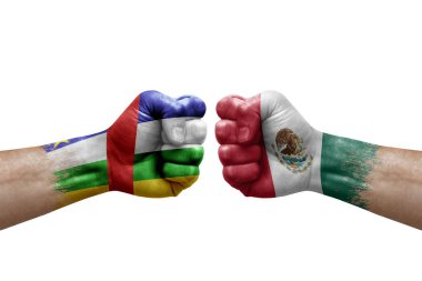 Two hands punch to each others on white background. Country flags painted fists, conflict crisis concept between central african republic and mexico