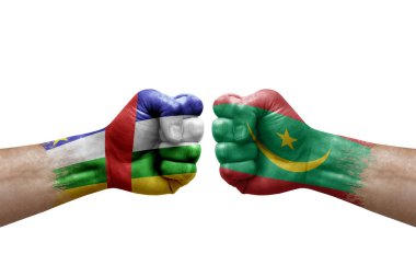 Two hands punch to each others on white background. Country flags painted fists, conflict crisis concept between central african republic and mauritania