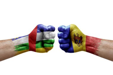 Two hands punch to each others on white background. Country flags painted fists, conflict crisis concept between central african republic and moldova