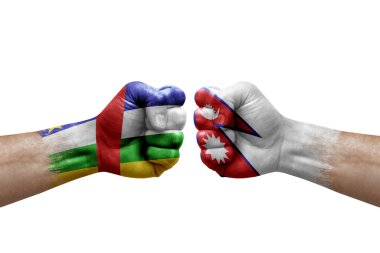 Two hands punch to each others on white background. Country flags painted fists, conflict crisis concept between central african republic and nepal