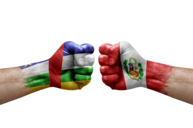 Two hands punch to each others on white background. Country flags painted fists, conflict crisis concept between central african republic and peru