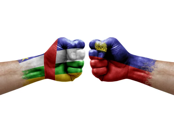 Two Hands Punch Each Others White Background Country Flags Painted — Stok fotoğraf