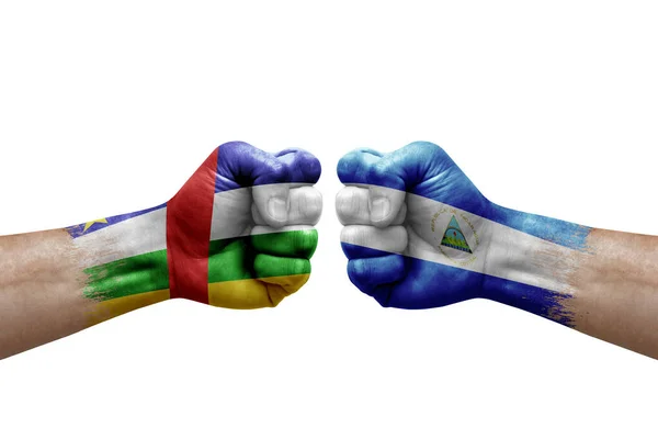 Two Hands Punch Each Others White Background Country Flags Painted — Foto de Stock