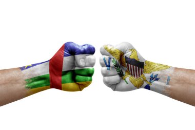Two hands punch to each others on white background. Country flags painted fists, conflict crisis concept between central african republic and virgin islands