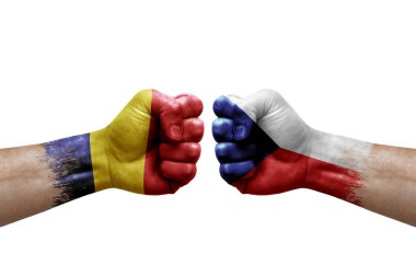 Two hands punch to each others on white background. Country flags painted fists, conflict crisis concept between chad and czechia