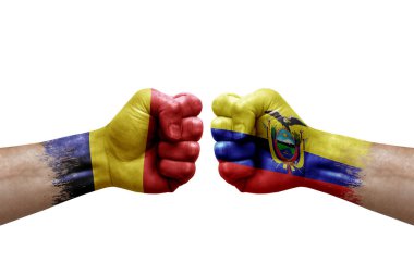 Two hands punch to each others on white background. Country flags painted fists, conflict crisis concept between chad and ecuador