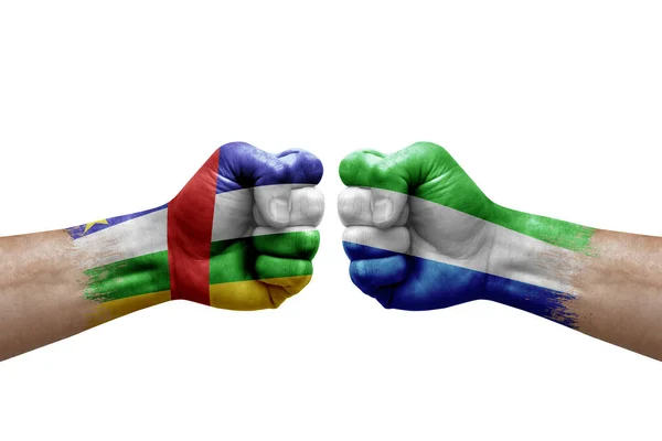 Two Hands Punch Each Others White Background Country Flags Painted — Fotografia de Stock