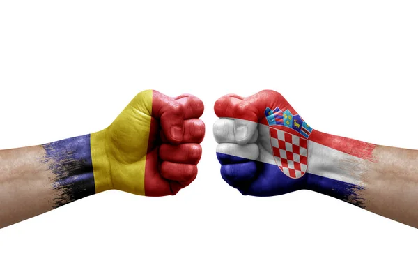 Two Hands Punch Each Others White Background Country Flags Painted — Stock Photo, Image