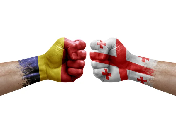 Two Hands Punch Each Others White Background Country Flags Painted — Stock Photo, Image