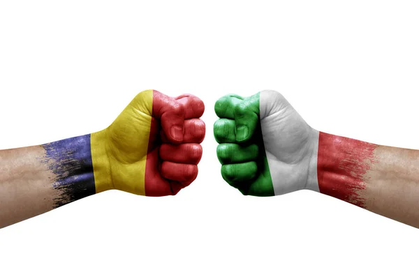 Two Hands Punch Each Others White Background Country Flags Painted — Stockfoto