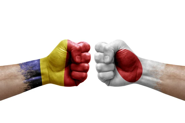 Two Hands Punch Each Others White Background Country Flags Painted — 图库照片