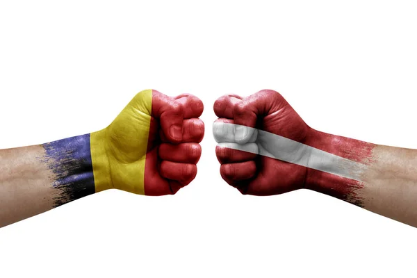 Two Hands Punch Each Others White Background Country Flags Painted — 图库照片