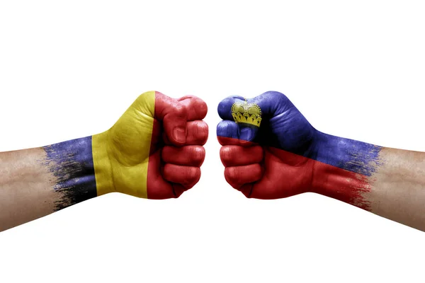 Two Hands Punch Each Others White Background Country Flags Painted —  Fotos de Stock