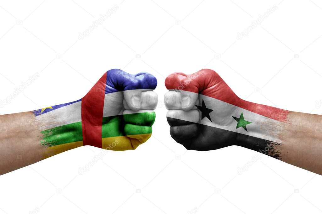 Two hands punch to each others on white background. Country flags painted fists, conflict crisis concept between central african republic and syria