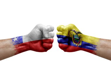 Two hands punch to each others on white background. Country flags painted fists, conflict crisis concept between chile and ecuador