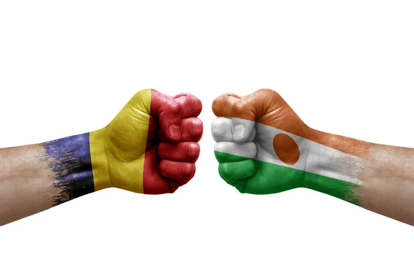 Two Hands Punch Each Others White Background Country Flags Painted — Stock Fotó