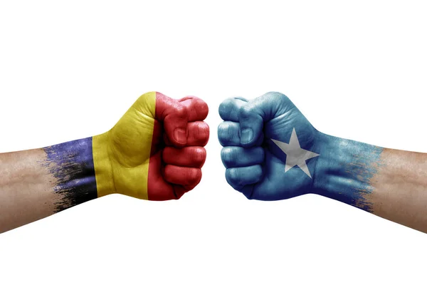 Two Hands Punch Each Others White Background Country Flags Painted — Stock fotografie