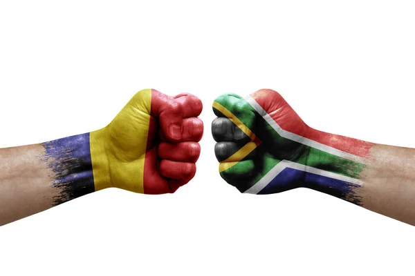 Two Hands Punch Each Others White Background Country Flags Painted — Foto de Stock