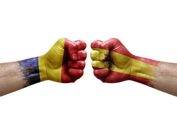 Two Hands Punch Each Others White Background Country Flags Painted — Stockfoto