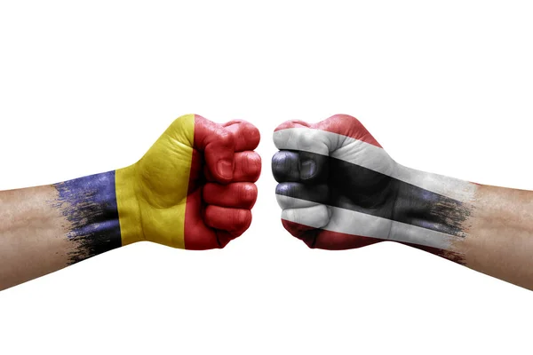 Two Hands Punch Each Others White Background Country Flags Painted — Stock Fotó