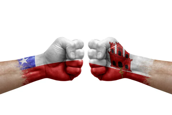 Two Hands Punch Each Others White Background Country Flags Painted — Stok fotoğraf