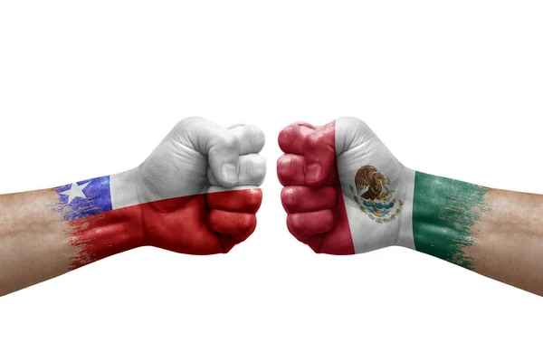 Two Hands Punch Each Others White Background Country Flags Painted — Stock Photo, Image