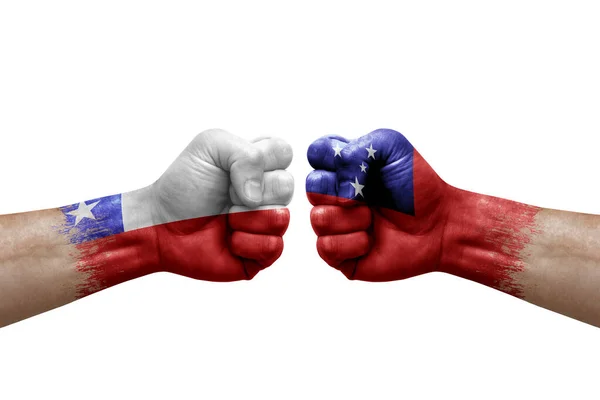 Two Hands Punch Each Others White Background Country Flags Painted — Stockfoto