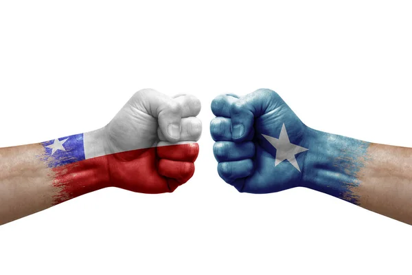 Two Hands Punch Each Others White Background Country Flags Painted — 스톡 사진