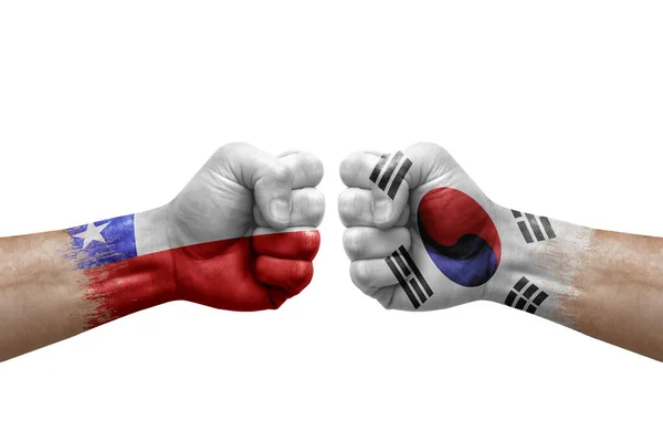 Two Hands Punch Each Others White Background Country Flags Painted — Stock Fotó