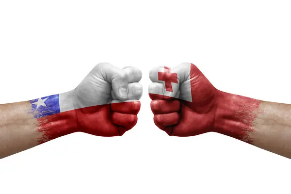 Two Hands Punch Each Others White Background Country Flags Painted —  Fotos de Stock