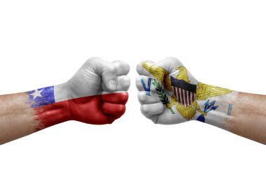 Two hands punch to each others on white background. Country flags painted fists, conflict crisis concept between chile and virgin islands
