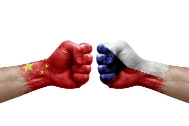 Two hands punch to each others on white background. Country flags painted fists, conflict crisis concept between china and czechia