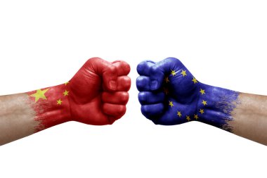 Two hands punch to each others on white background. Country flags painted fists, conflict crisis concept between china and european union