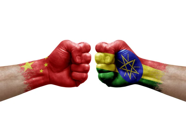 Two Hands Punch Each Others White Background Country Flags Painted — Stock Fotó