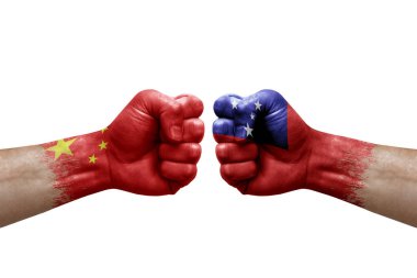 Two hands punch to each others on white background. Country flags painted fists, conflict crisis concept between china and samoa