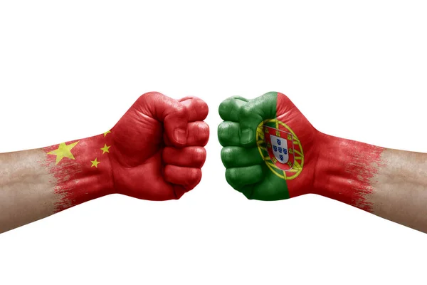 Two Hands Punch Each Others White Background Country Flags Painted — Fotografia de Stock