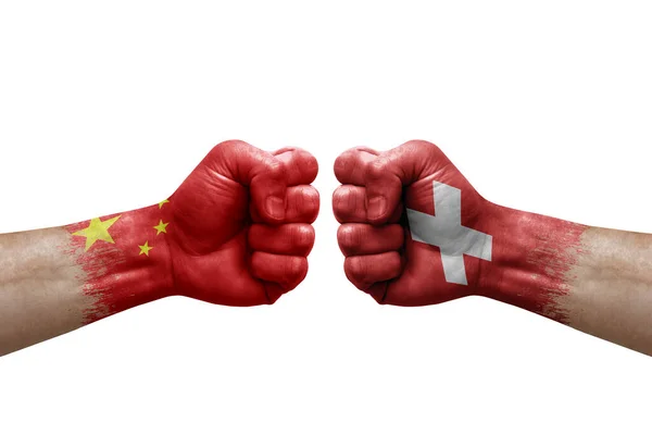 Two Hands Punch Each Others White Background Country Flags Painted — Photo