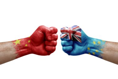 Two hands punch to each others on white background. Country flags painted fists, conflict crisis concept between china and tuvalu