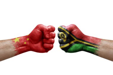 Two hands punch to each others on white background. Country flags painted fists, conflict crisis concept between china and vanuatu