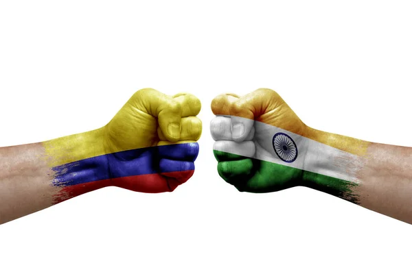 Two Hands Punch Each Others White Background Country Flags Painted — Stock Photo, Image