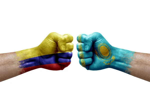 Two Hands Punch Each Others White Background Country Flags Painted — Fotografia de Stock