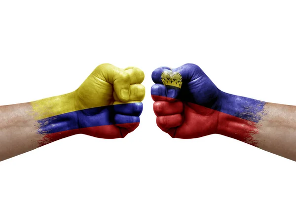 Two Hands Punch Each Others White Background Country Flags Painted — Foto de Stock