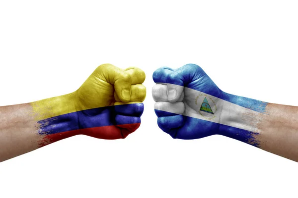 Two Hands Punch Each Others White Background Country Flags Painted — Foto de Stock