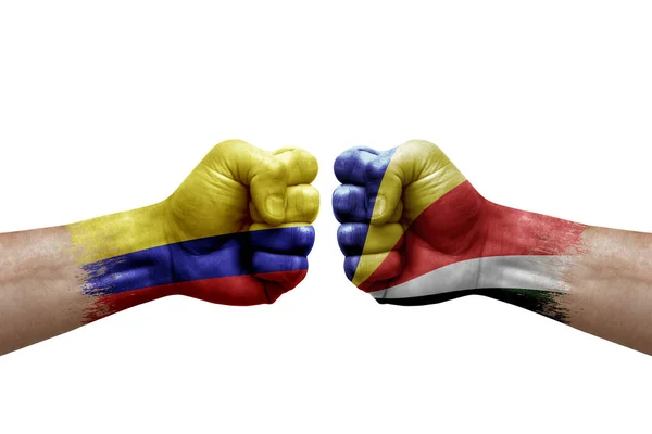 Two Hands Punch Each Others White Background Country Flags Painted — Stockfoto