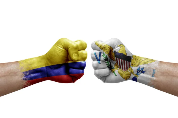 Two Hands Punch Each Others White Background Country Flags Painted — Stock Photo, Image