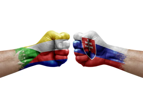 Two Hands Punch Each Others White Background Country Flags Painted — Stock Photo, Image